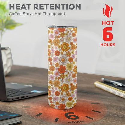 Retro Floral Tumbler 20oz Lid Straw, Flowers Orange Pink Vintage Stainless Steel Travel Mug Insulated Cup Flask Coffee Traveler Custom Women