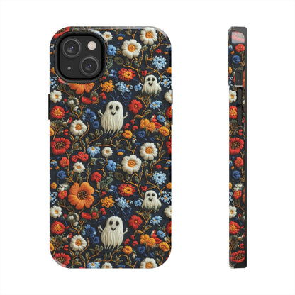 Cute Ghosts Tough Phone Case, Faux Embroidery Floral Halloween iPhone 15 14 13 Pro Max 12 11 8 Plus X XR XS Samsung Galaxy S24 S23 S22 S21