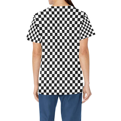 Checkered Medical Scrubs Top Women, Black White Check Ladies Female Plus Size Nursing Printed Nurse Vet Veterinary Assistant Uniform Pockets