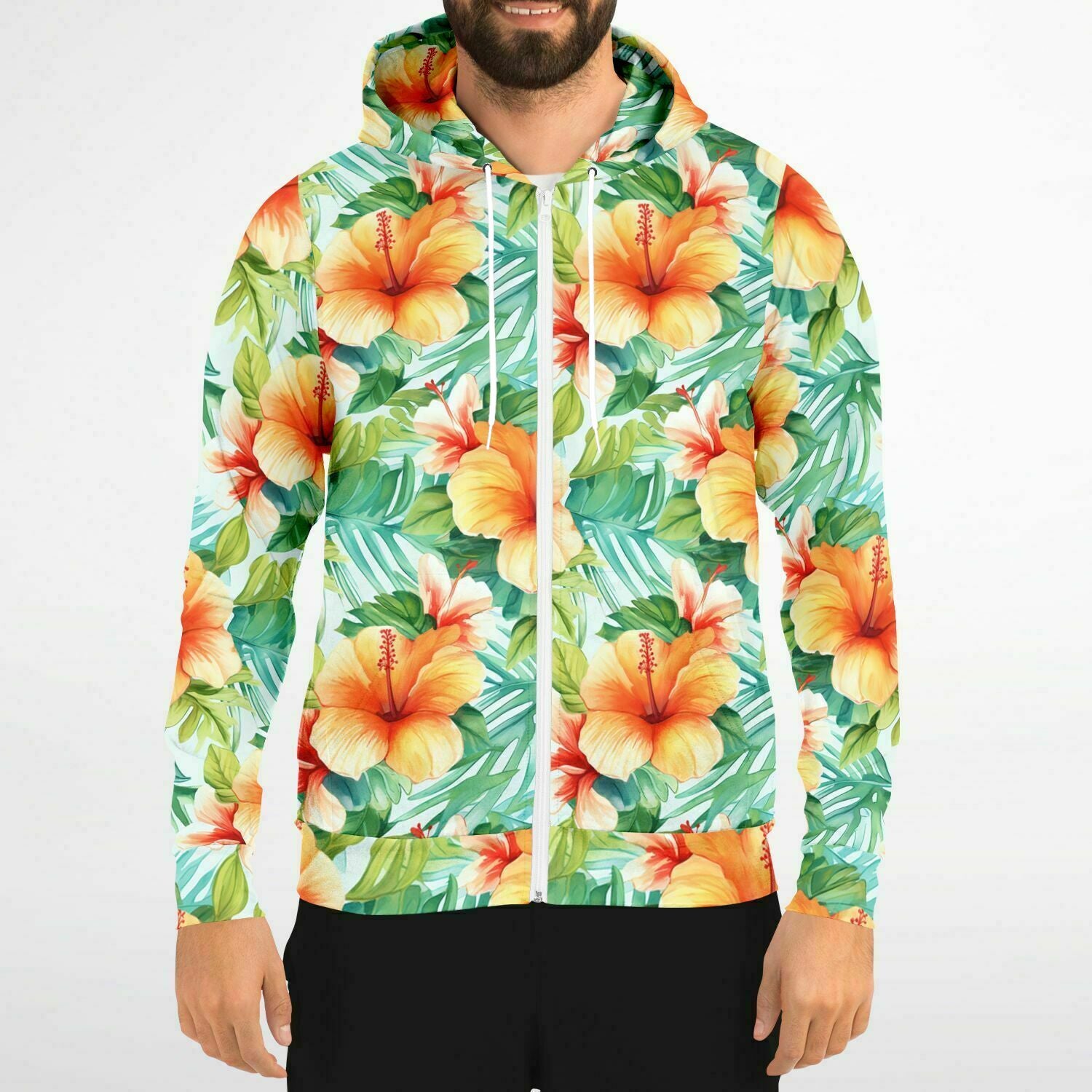 Flowers Zip Up Hoodie Tropical Floral Green Front Zipper Pocket