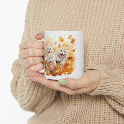 Cats Playing Fall Coffee Mug, Autumn Leaves Kittens Funny Thanksgiving Cute Art Ceramic Cup Tea Hot Chocolate Unique Cool Novelty