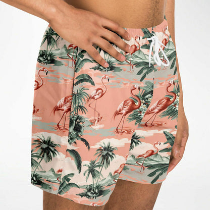 Pink Flamingo Men Swim Trunks, Green Palm Tree Shorts Beach Surf Swimwear Male Back Pockets Mesh Lining Drawstring Bathing Suit Board