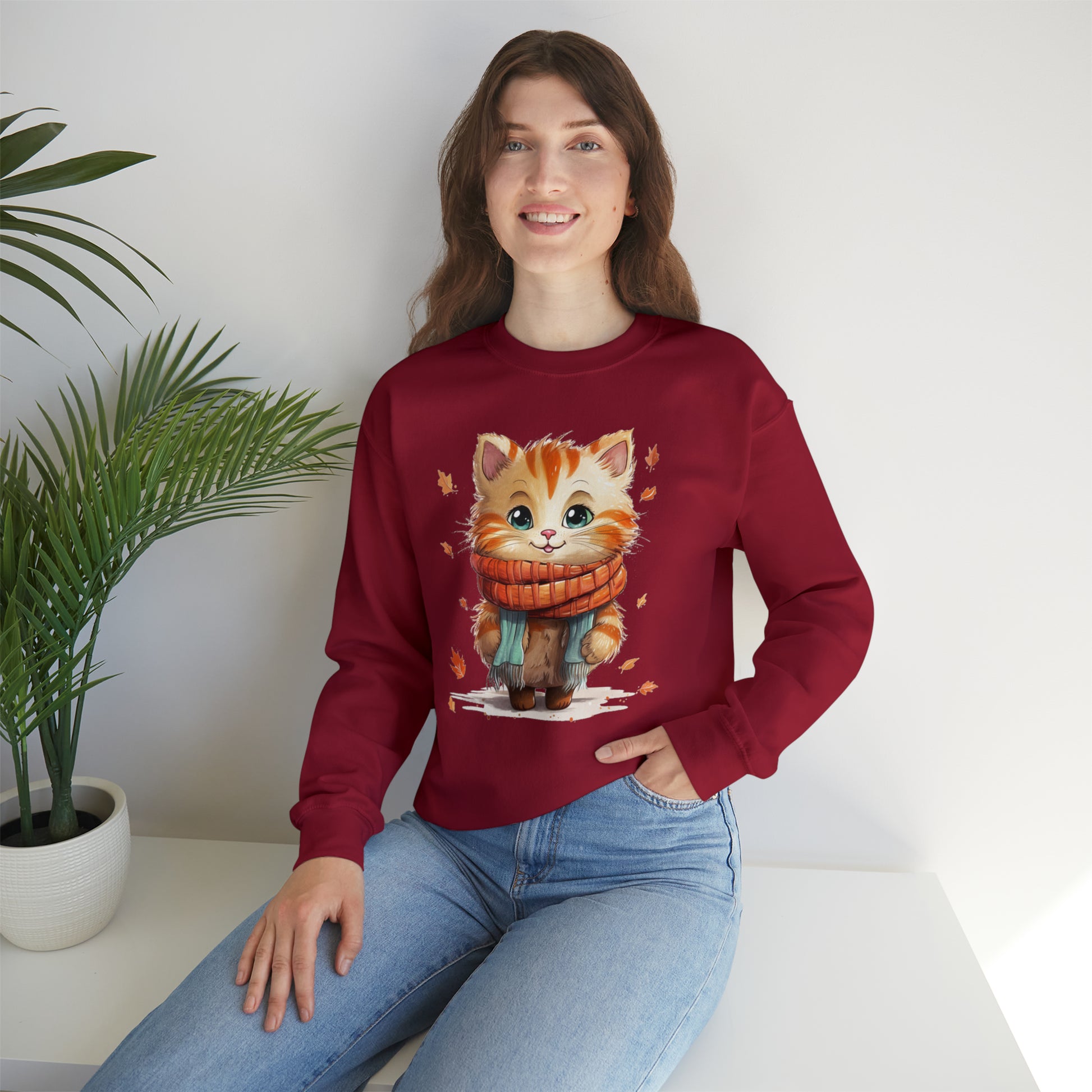 Cat Scarf Sweatshirt, Kitten Fall Autumn Leaves Graphic Crewneck Fleece Cotton Sweater Jumper Pullover Men Women Adult Aesthetic Top Starcove Fashion