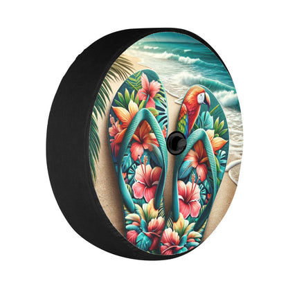 Beach Flip Flops Sun Spare Tire Cover, Ocean Backup Camera Hole Rear Wheel Car Accessories Palm Tree Unique Design Back Aesthetic Men Women