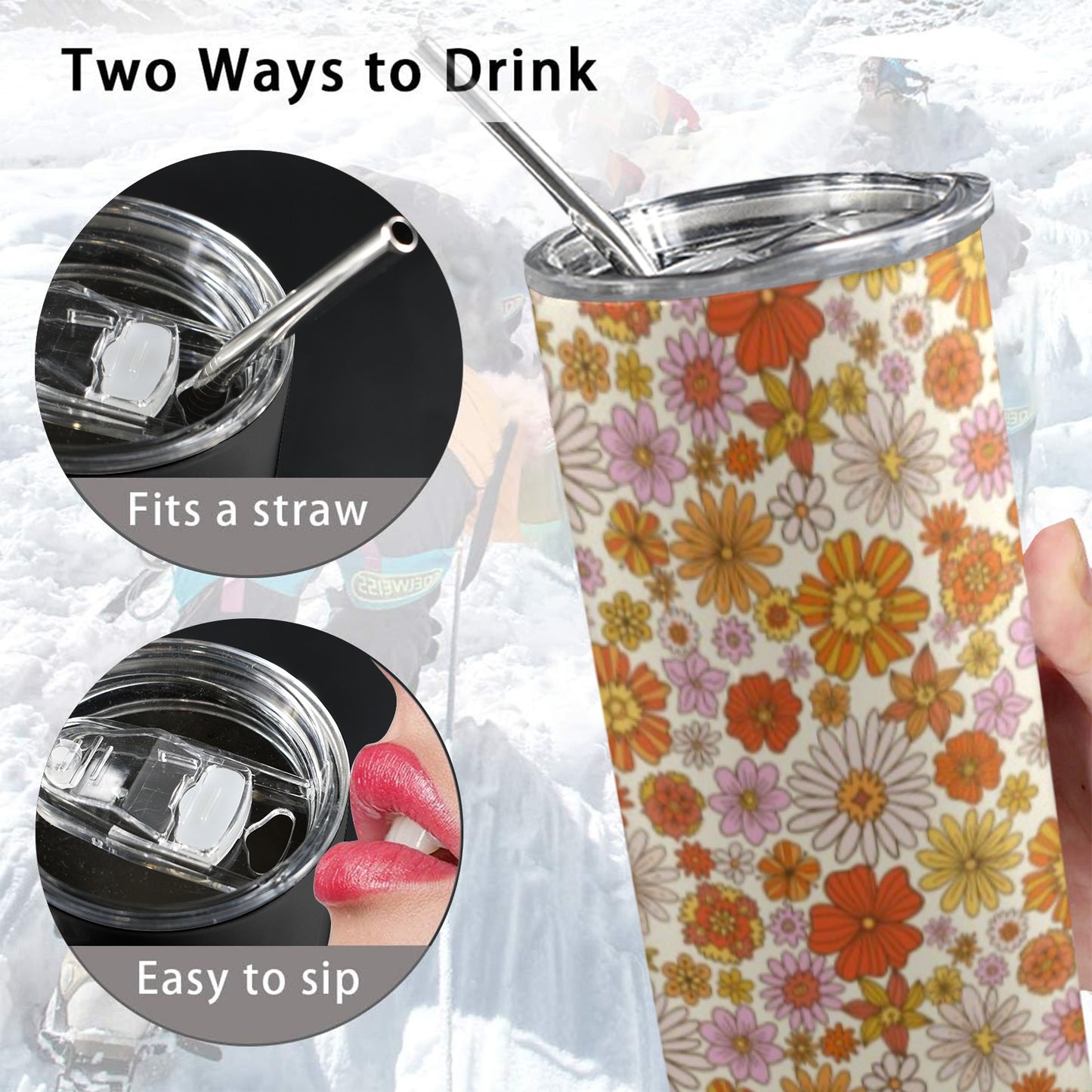 Retro Floral Tumbler 20oz Lid Straw, Flowers Orange Pink Vintage Stainless Steel Travel Mug Insulated Cup Flask Coffee Traveler Custom Women