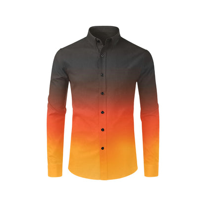 Black Orange Ombre Long Sleeve Men Button Up Shirt, Gradient Tie Dye Two Tone Print Buttoned Collar Casual Dress Chest Pocket Plus Size