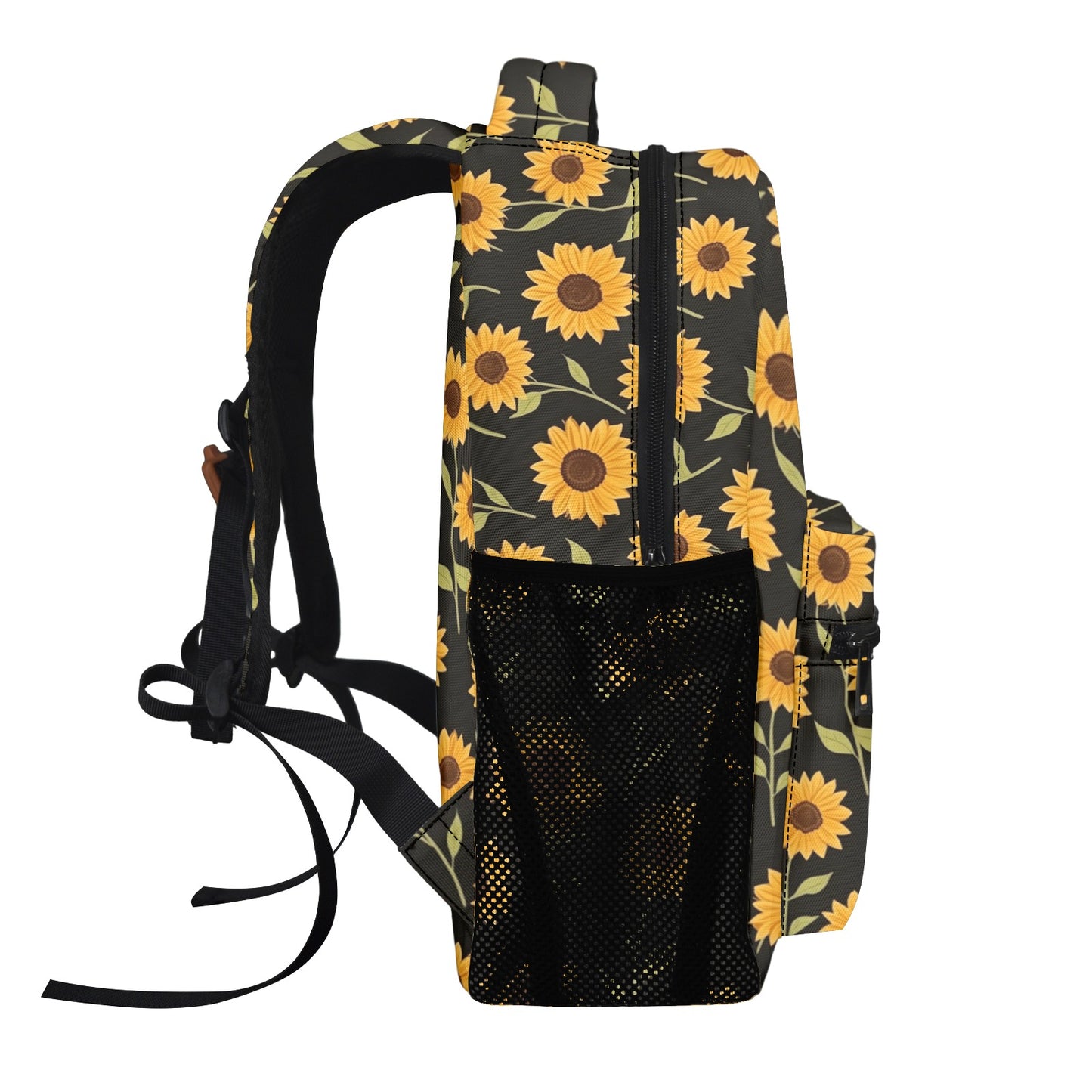 Sunflower Backpack, Yellow Black Floral Flowers Men Women Kids Gift School College Waterproof Side Pockets Laptop Designer Aesthetic Bag