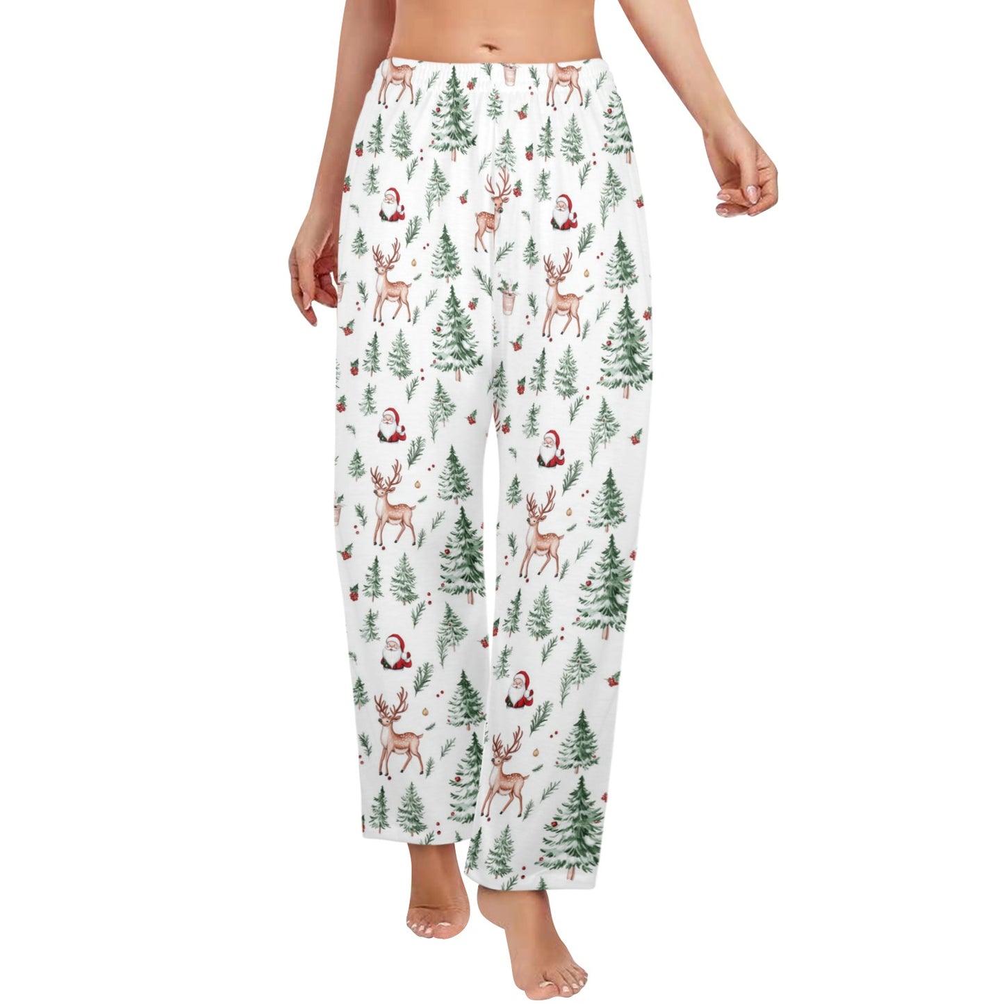 White Christmas Trees Women Pajamas Pants, Reindeer Santa Claus Xmas PJ Pockets Trousers Couples Matching Ladies Female Trousers Bottoms