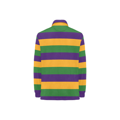 Mardi Grass Striped Women Long Sleeve Polo Shirt, Purple Green Gold Colored Designer Graphic Collared Crew Neck Ladies Female Tee Top Shirt