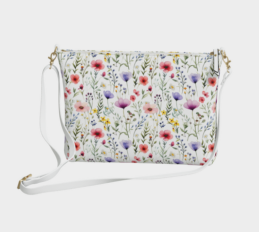 Wildflowers Vegan Leather Crossbody Purse Women, Floral White Watercolor Small Handbag Shoulder Bag Ladies Zip Strap Designer Cross Body