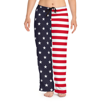 American Flag Women Pajamas Pants, USA Stripes Stars Red White Blue Satin PJ Pockets Trousers Sleep Loungewear Ladies Female Bottoms