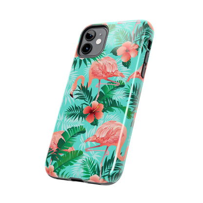 Pink Flamingo iPhone 15 14 13 12 11 Pro Max Tough Case, Green Tropical Monstera Print Cute Gift XS XR X 7 Plus 8 Cell Phone Galaxy