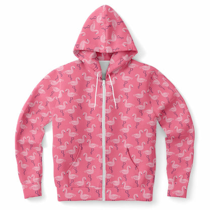 Pink Flamingo Zip Up Hoodie, Tropical Birds Full Zipper Pocket Men Women Unisex Adult Aesthetic Graphic Cotton Fleece Hooded Sweatshirt