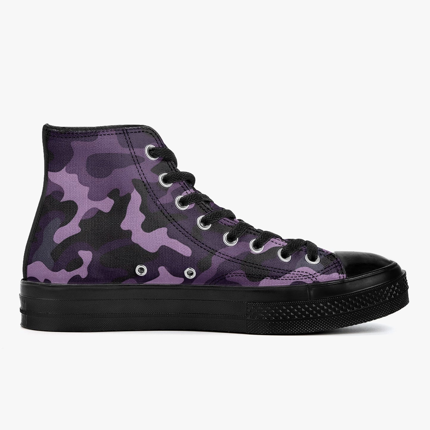 Black Purple Camo High Top Shoes Sneakers, Camouflage Men Women Lace Up Footwear Canvas Streetwear Designer Ladies Guys Casual