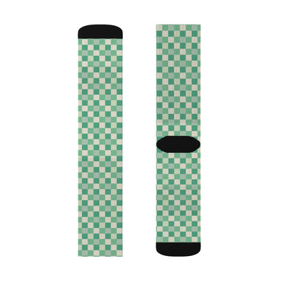 Green Checkered Socks, Olive White Crew Sublimation Women Men Designer Fun Novelty Cool Funky Crazy Casual Cute Unique Dress