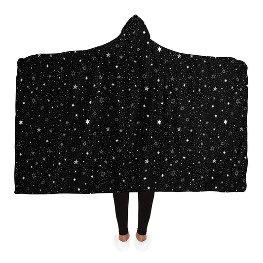 Stars Hooded Blanket, Black Silver Space Galaxy Sherpa Fleece Soft Fluffy Cozy Warm Adult Men Women Kids Large Wearable with Hood Gift