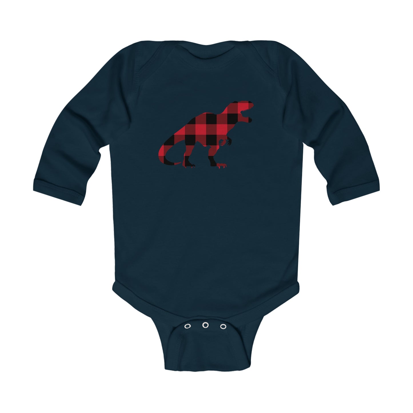 Trex Dino Baby Long Sleeve Bodysuit, Red Buffalo Plaid Check Dinosaur Infant Graphic Tshirt Cute Shirt New Baby Clothes One Piece Boy Girl