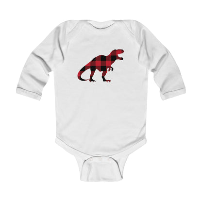 Trex Dino Baby Long Sleeve Bodysuit, Red Buffalo Plaid Check Dinosaur Infant Graphic Tshirt Cute Shirt New Baby Clothes One Piece Boy Girl