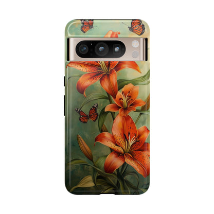 Tiger Lily Tough Phone Case, Flowers Floral Butterfly iPhone 16 15 14 13 Pro Max 12 11 8 Plus X XR XS Galaxy S24 S23 S22 S21 Google Pixel