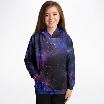 Galaxy Space Kids Pullover Hoodie, Purple Stars Universe Girls Boy Toddler Youth Fleece Aesthetic Cotton Graphic Hooded Sweatshirt Pockets