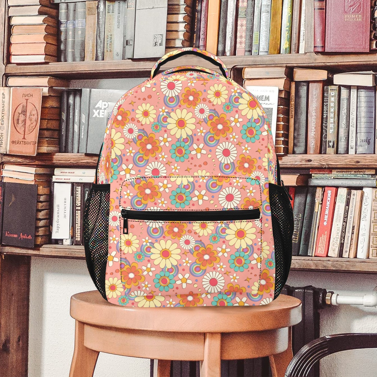 Pink Floral Backpack, Vintage Retro Flowers Men Women Kids Gift Girls School College Waterproof Side Pockets Laptop Designer Aesthetic Bag