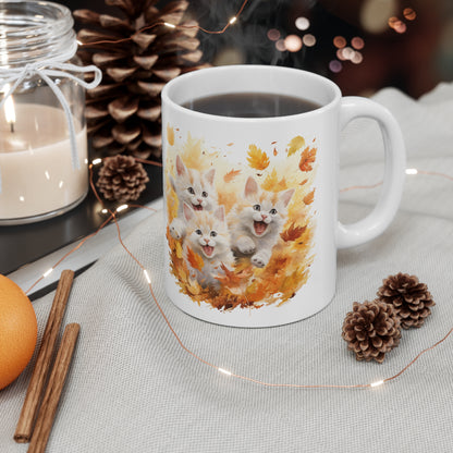 Cats Playing Fall Coffee Mug, Autumn Leaves Kittens Funny Thanksgiving Cute Art Ceramic Cup Tea Hot Chocolate Unique Cool Novelty