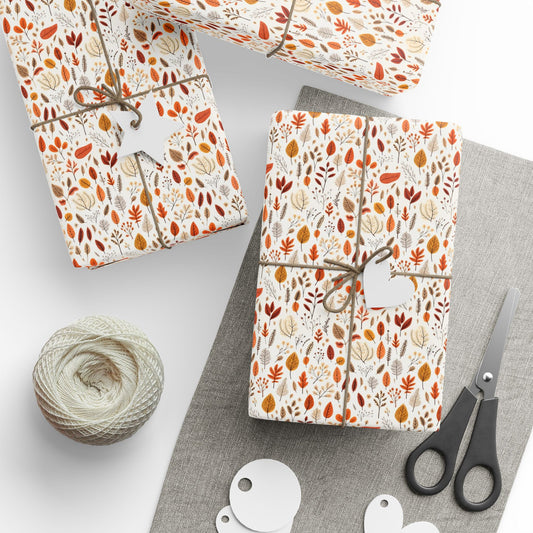 Black Cat Pumpkins Fall Leaves Wrapping Paper,  Orange White Autumn Thanksgiving Print Art Packing Gift Wrap Vintage Present Wrapper Roll