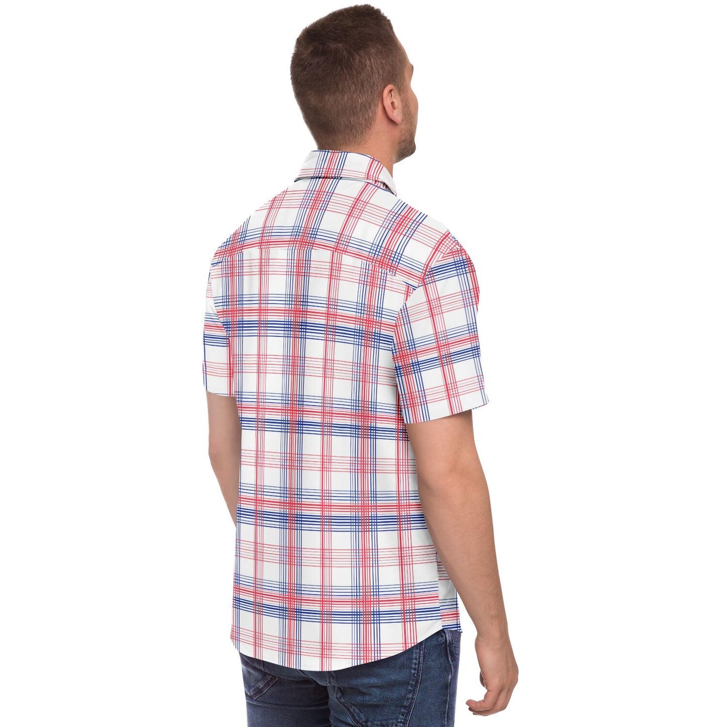 Red White Blue Men Button Up Shirt, Check Plaid Tartan Short Sleeve Print Casual Buttoned Down Summer Male Guys Collared Designer Dress