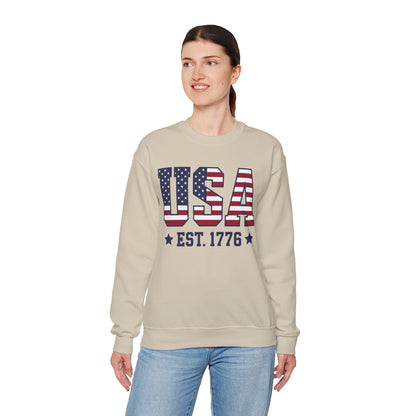 USA Est 1776 Sweatshirt, American Flag Stars Stripes Patriotic Retro Vintage Graphic Crewneck Cotton Sweater Jumper Pullover Men Women Top