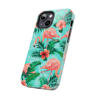 Pink Flamingo iPhone 15 14 13 12 11 Pro Max Tough Case, Green Tropical Monstera Print Cute Gift XS XR X 7 Plus 8 Cell Phone Galaxy