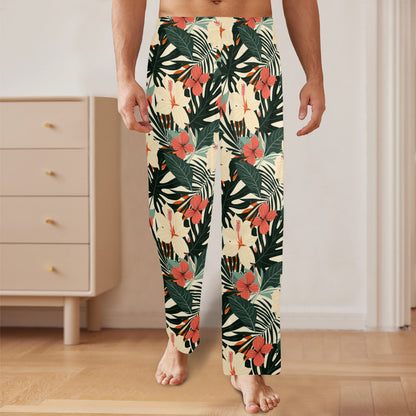 Tropical Leaf Men Pajamas Pants, Retro Floral Flowers Vacation Pattern Satin PJ Pockets Sleep Trousers Matching Trousers Bottoms Sleepwear