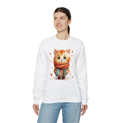 Cat Scarf Sweatshirt, Kitten Fall Autumn Leaves Graphic Crewneck Fleece Cotton Sweater Jumper Pullover Men Women Adult Aesthetic Top Starcove Fashion