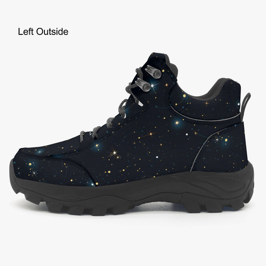 Constellation Hiking Leather Boots, Stars Galaxy Space Outdoor Walking Men Women Ladies Guys Lace Up Waterproof Rubber Trekking Shoes Black Winter