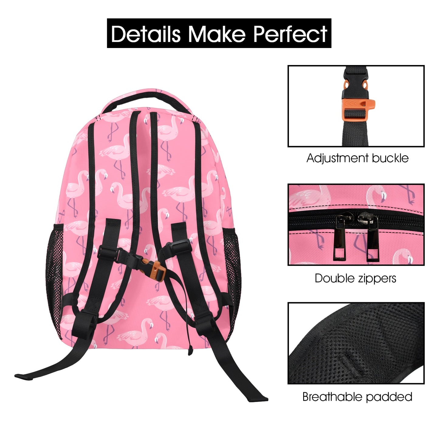 Pink Flamingo Backpack, Tropical Bird Men Women Kids Gift School College Cool Waterproof Side Pockets Laptop Designer Aesthetic Bag Bookbag