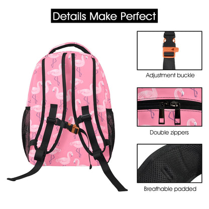 Pink Flamingo Backpack, Tropical Bird Men Women Kids Gift School College Cool Waterproof Side Pockets Laptop Designer Aesthetic Bag Bookbag