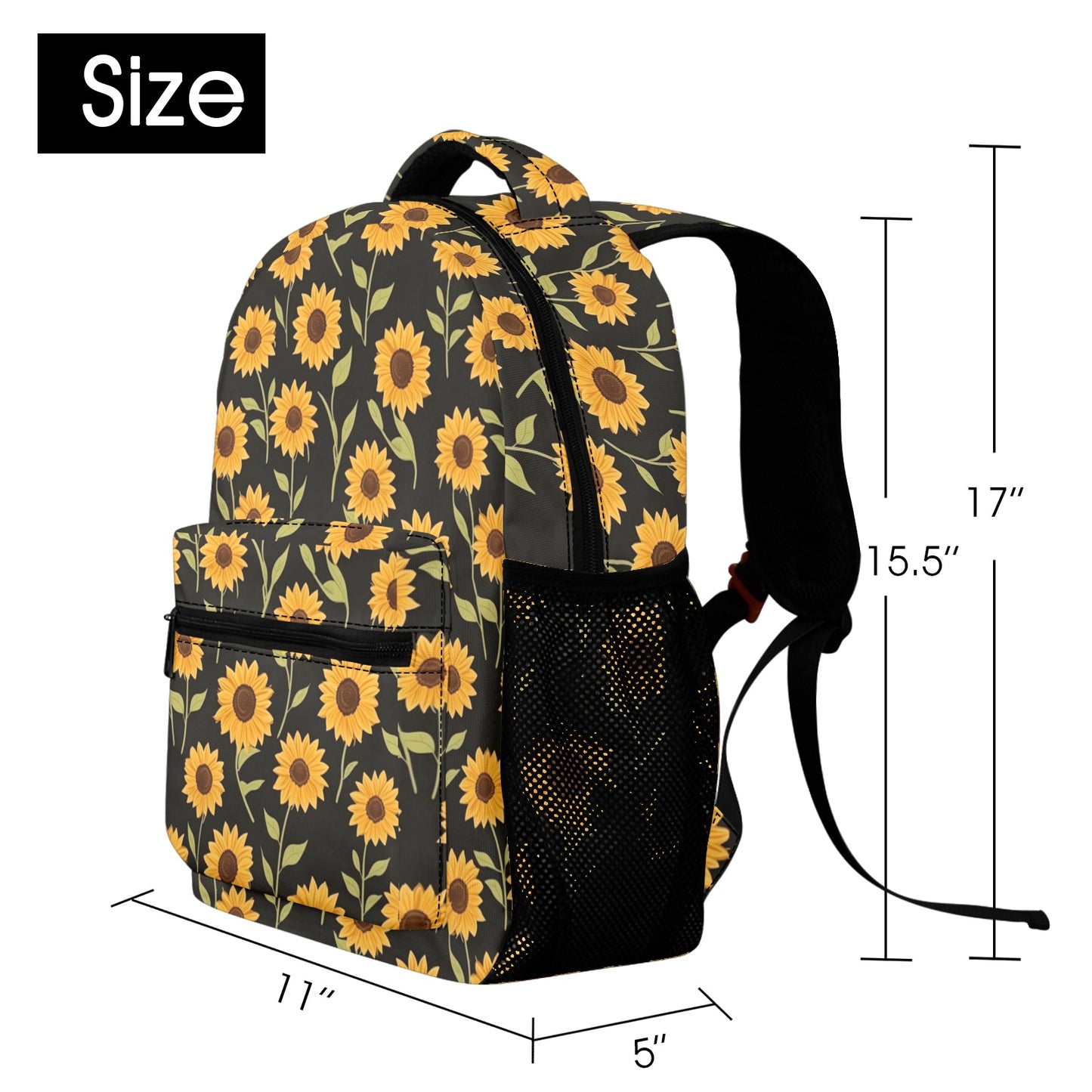 Sunflower Backpack, Yellow Black Floral Flowers Men Women Kids Gift School College Waterproof Side Pockets Laptop Designer Aesthetic Bag