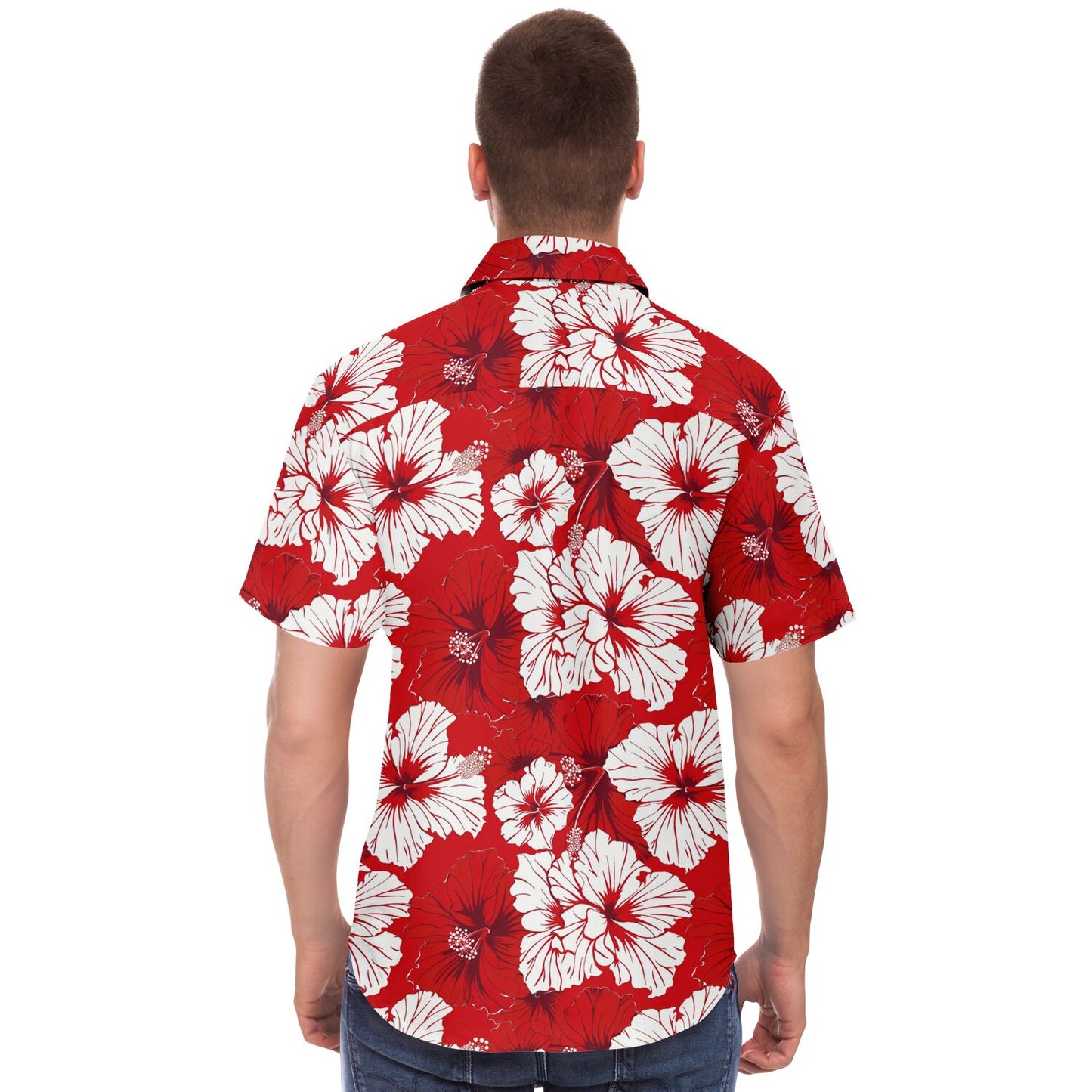 Red and White Floral Men Button Up Shirt, Hibiscus Flowers Short Sleeve Print Casual Buttoned Down Summer Guys Collared Designer Dress Shirt