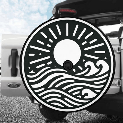 Sun Waves Spare Tire Cover, Tropical Beach Backup Camera Hole Wheel Car Accessories Unique Design Back Aesthetic Sunset Spare Rear Men Women