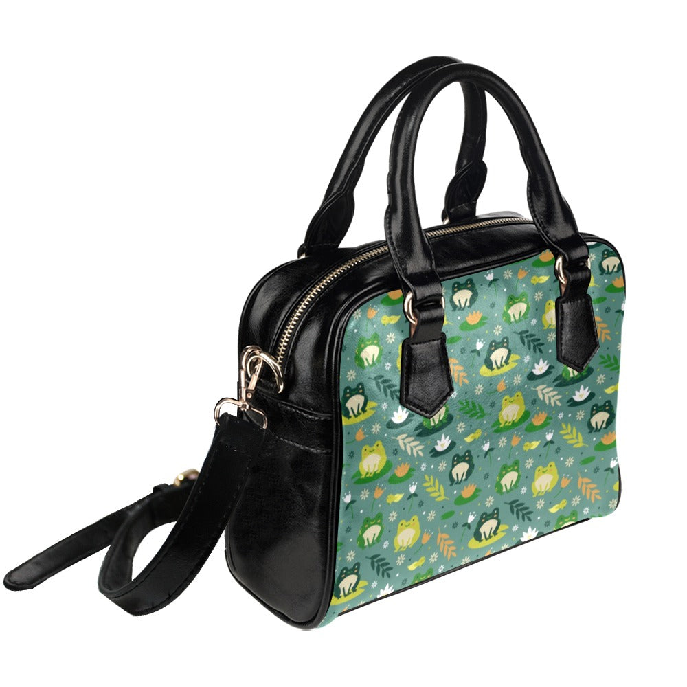 Frog Purse, Kawaii Green Animal Retro Vintage Floral Black Print Small Shoulder Bag Vegan Leather Women Designer Handbag Crossbody Ladies