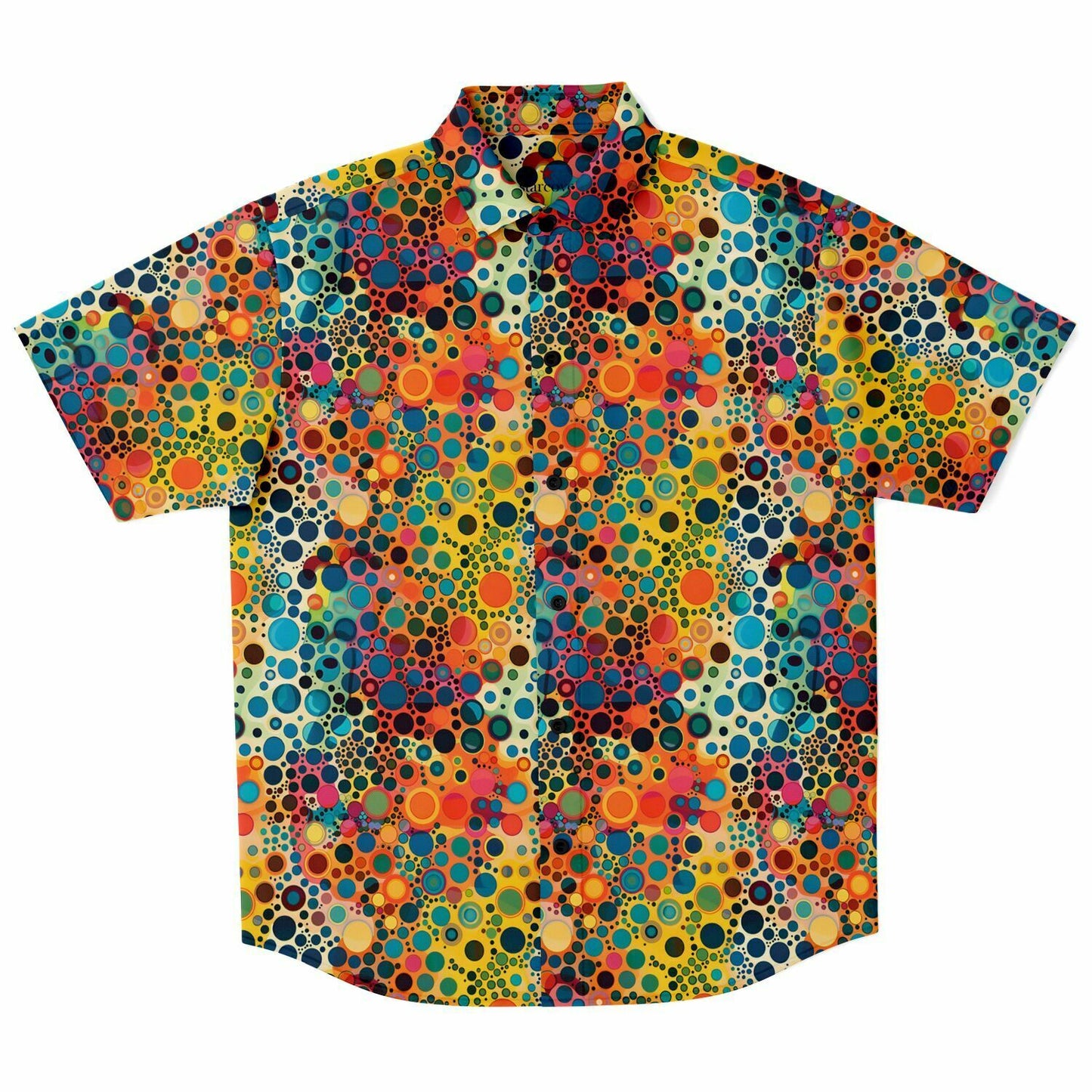 Psychedelic Men Button Up Shirt, Funky Groovy Retro Vibrant Dot Art Vintage Short Sleeve Festival Print Buttoned Down Guys Collared Designer