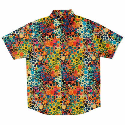 Psychedelic Men Button Up Shirt, Funky Groovy Retro Vibrant Dot Art Vintage Short Sleeve Festival Print Buttoned Down Guys Collared Designer