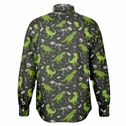 Dinosaur Long Sleeve Men Button Up Shirt, Skeleton Dino Green Guys Male Print Buttoned Down Collared Funny Graphic Casual Dress Shirt