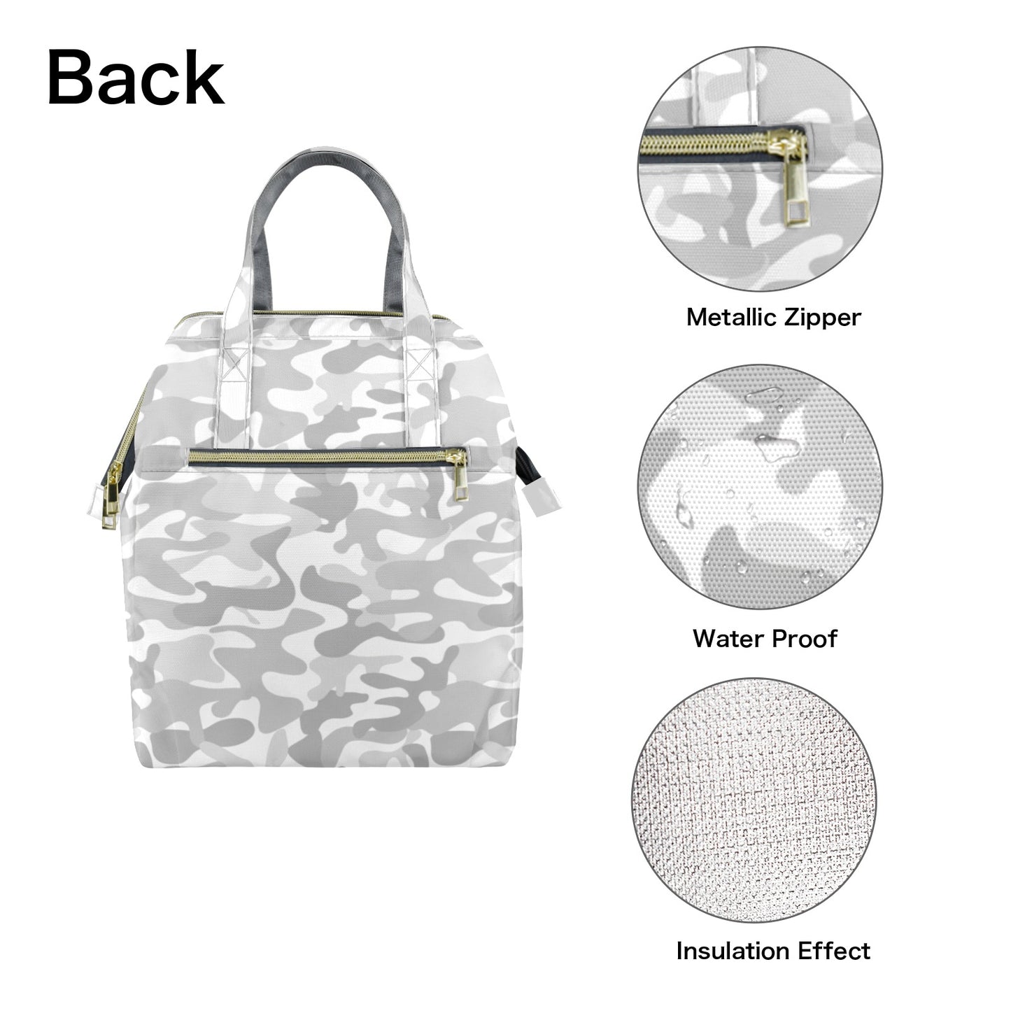 White Camo Insulated Lunch Box Bag Tote, Grey Camouflage Summer Cute Food Container Adult Kids Women Teens Men School Work Handbag Office