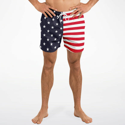 American Flag Men Swim Trunks, USA Patriotic Stars Stripes Red White Blue 4th of July Bathing Shorts Beach Surf Swimwear Male Pockets Lining