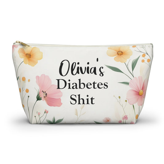 Personalized Gift Diabetic, Diabetes Shit Bag Custom Name Wildflowers Floral Funny Awareness Supply Travel Zipper Pouch Kit Carrying Case