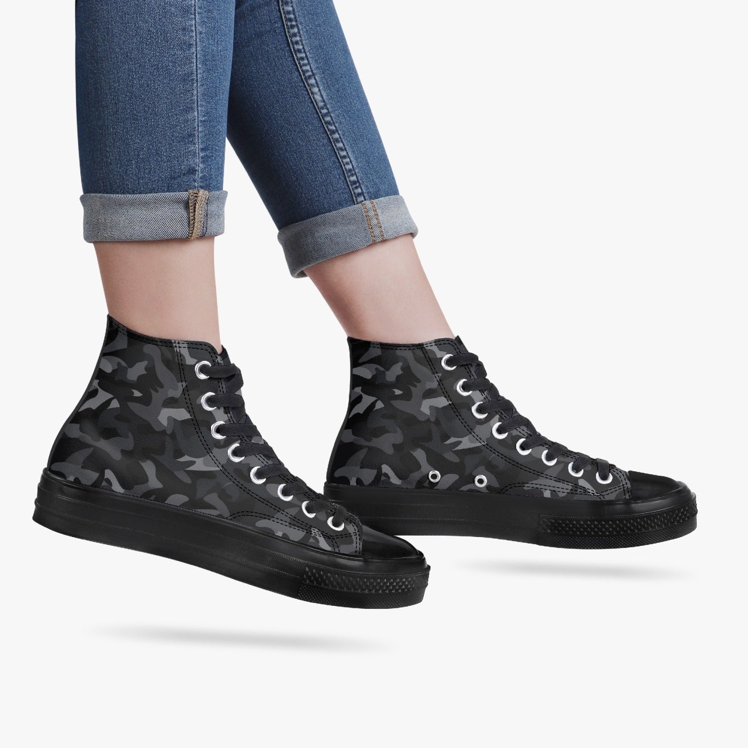 Army Camo Black Sole High-top Sneakers for Men & Women. Sneaker Head Army popular Camo Streetwear Sneakers.