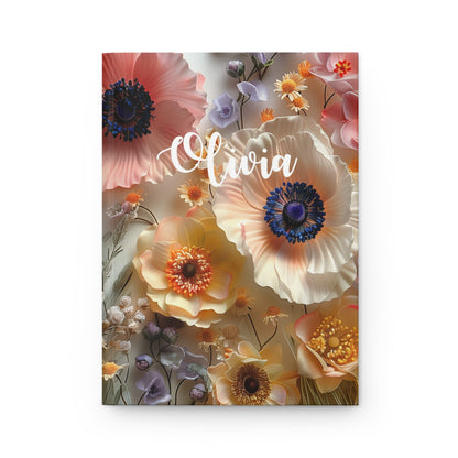 Wildflowers Hardcover Notebook, Custom Name Personalized Faux Pressed Floral Lined Blank Hardback Small Journal Notepad Ruled Pad Women Gift