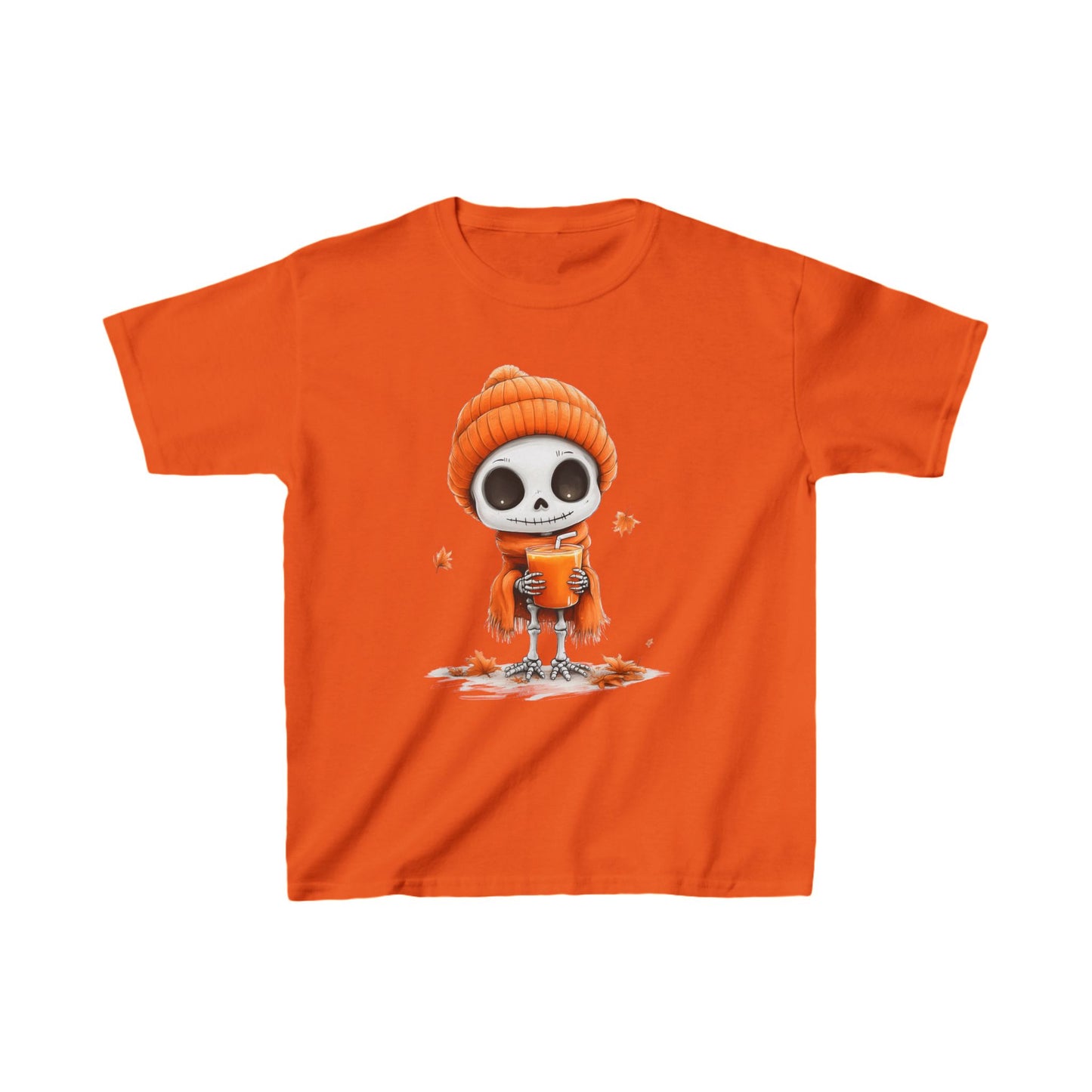 Cute Skeleton Kids Tshirt, Halloween Fall Orange Hat Drink Boys Girls Youth Aesthetic Graphic Crewneck Tee Short Sleeve Shirt Top