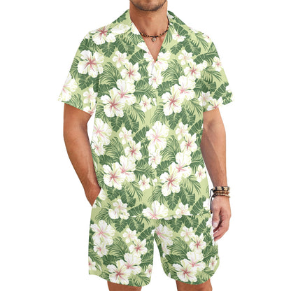 Tropical Shirt Shorts Outfit Set Men, Green White Floral Hibiscus Flower Hawaiian Beach Male Guys Summer Short Sleeve Button Up Down Luau