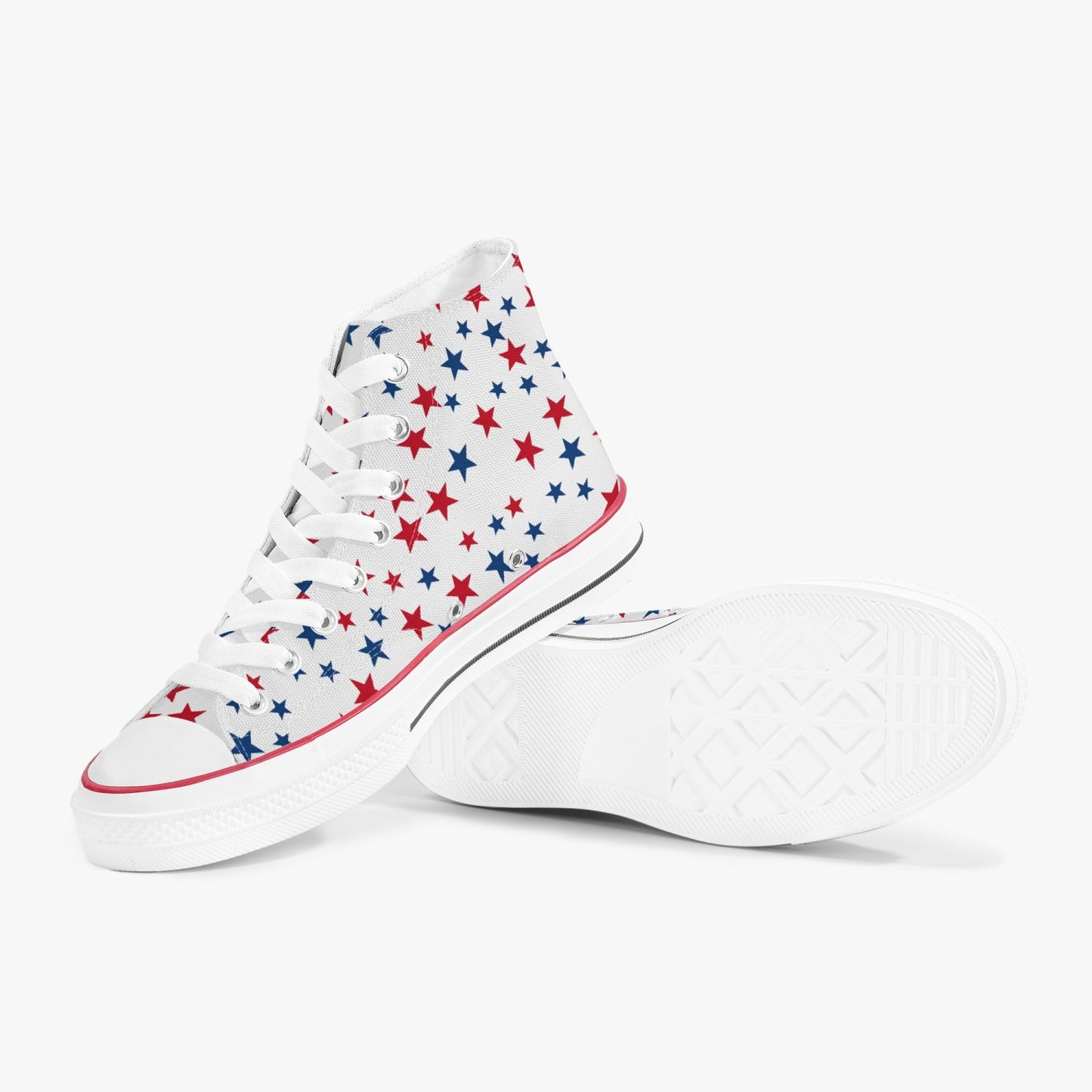 Red White Blue Stars High Top Shoes, American Flag USA Women Men Lace Up Sneakers 4th of July Footwear Canvas Ladies Trainers Designer